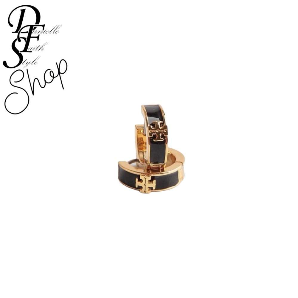 Tory Burch Kira Enamel Black/Gold hoop earrings with dustbag and giftbox